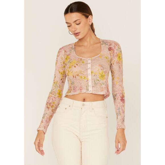 Free People Angelina Light Combo Pink Floral Sheer Lace Snap Top SZ M - Picture 1 of 14